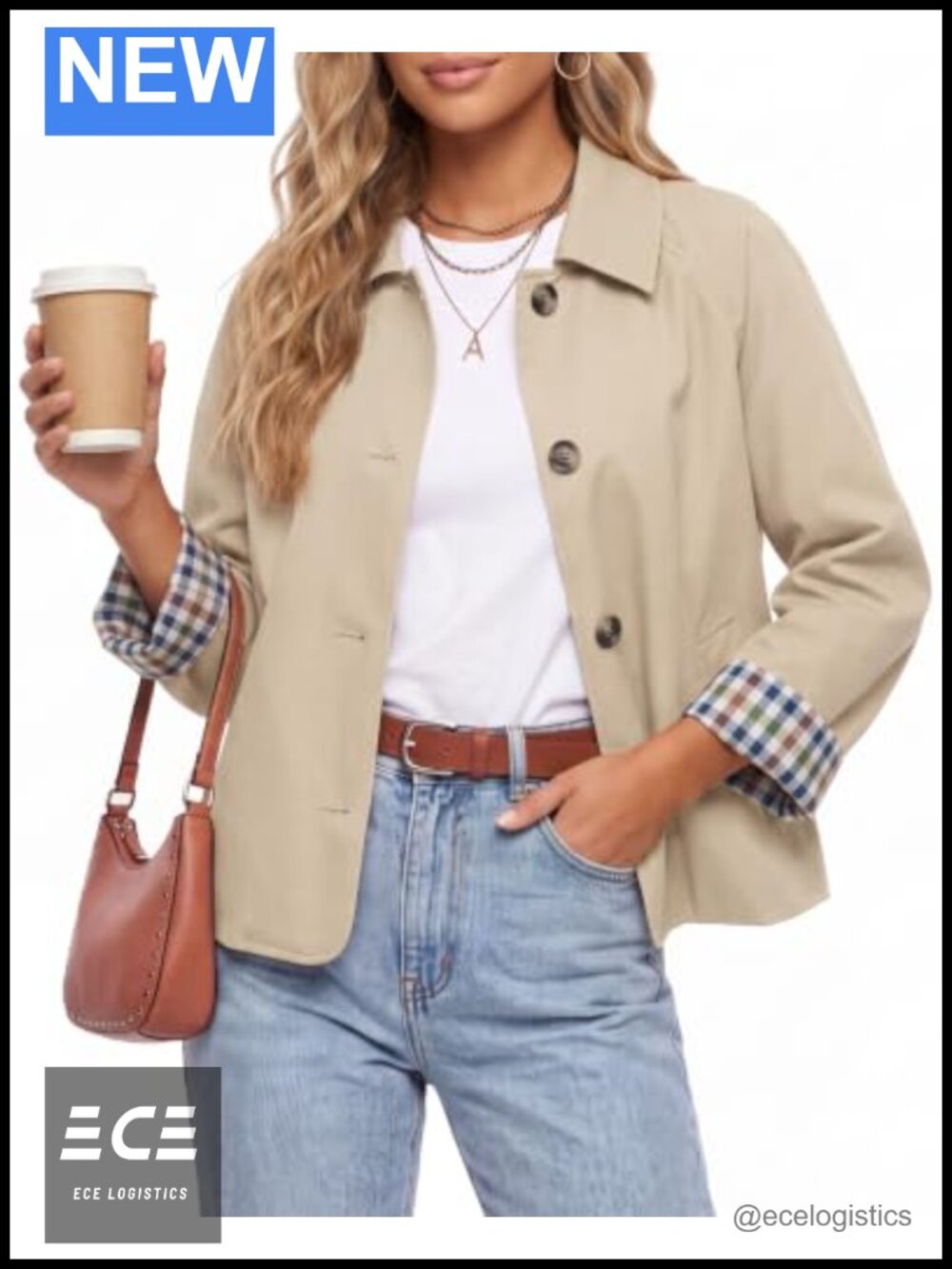 Womens Cropped Trench Coat Plaid Lining Button Down Casual Jacket